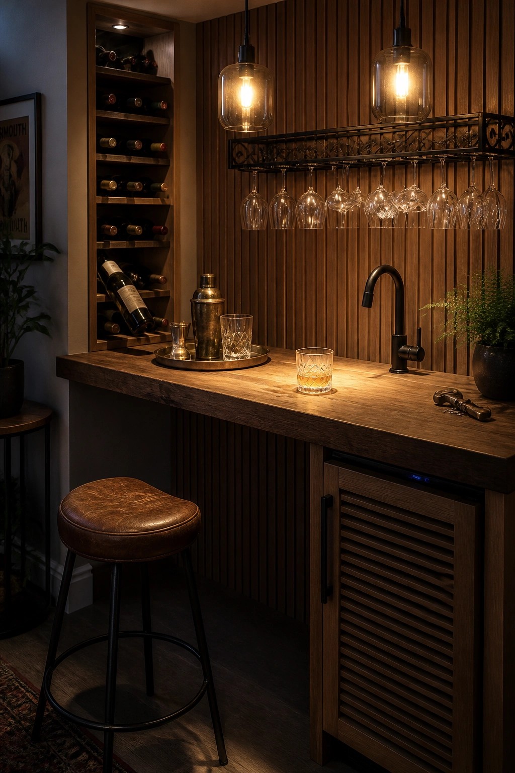 A rustic home bar with a dark wood countertop, built-in wine rack on the left, hanging glassware rack, black faucet, and a brown leather stool.