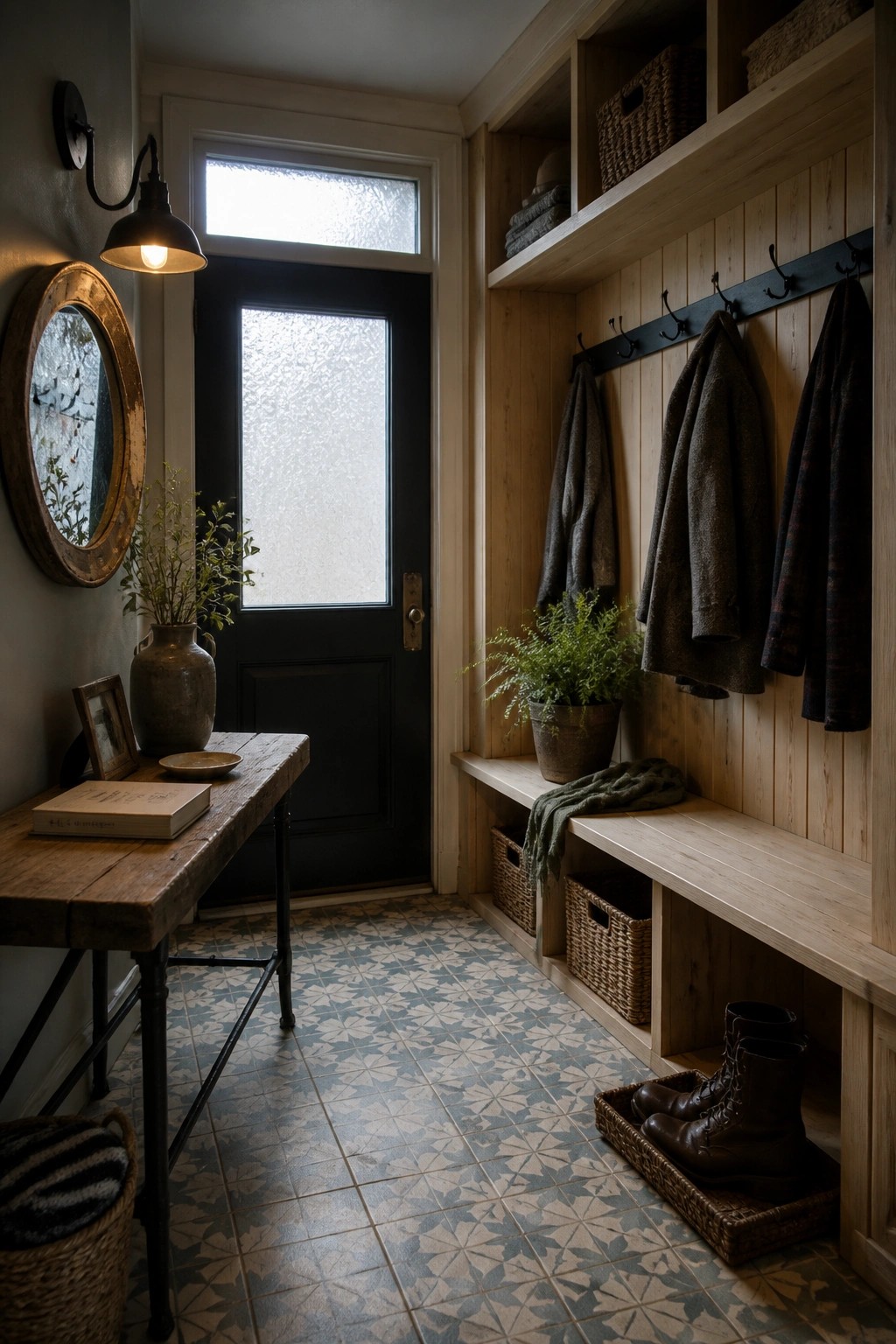 A narrow interior entryway featuring a light wood built-in bench with coat hooks above, woven baskets below, and a wooden console table beside a black door.