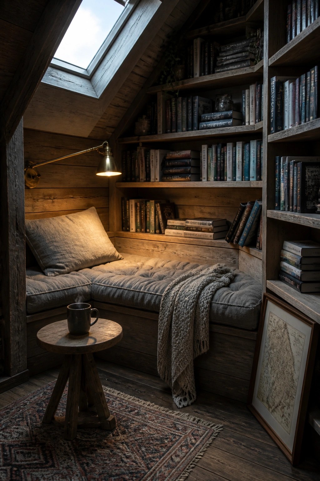 A rustic wooden attic nook with built-in bookshelves lining the walls, a cushioned bench seat under a skylight, a small round side table, and an old map leaning against the shelf.