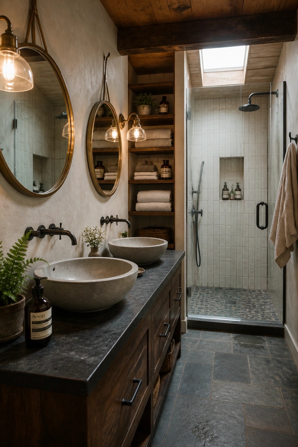 A rustic bathroom with two stone vessel sinks on a dark wood vanity, built-in wooden shelves holding towels and bottles, round mirrors with wall sconces, and a glass shower with white tiles and a skylight.