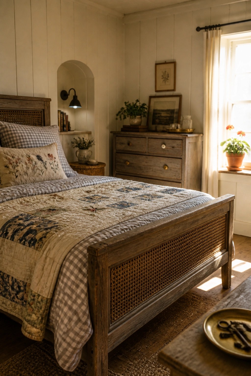 Cozy rustic bedroom with wooden cane bed, patchwork quilt, and sunlit window.