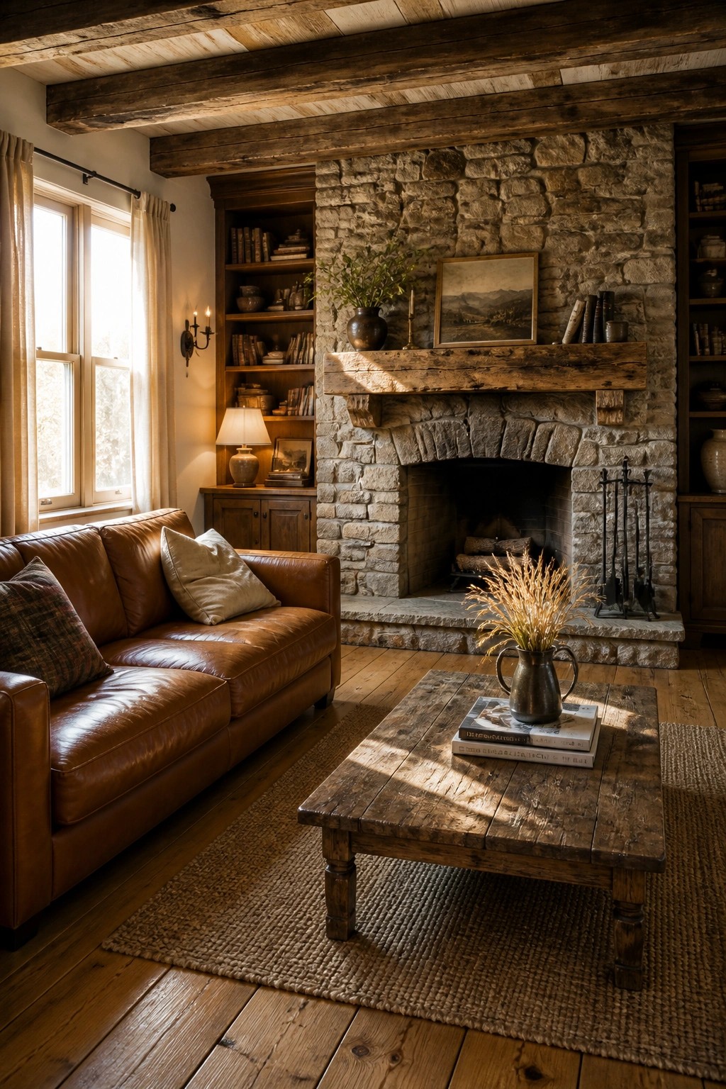 Rustic living room with brown leather sofa, stone fireplace, and wooden coffee table