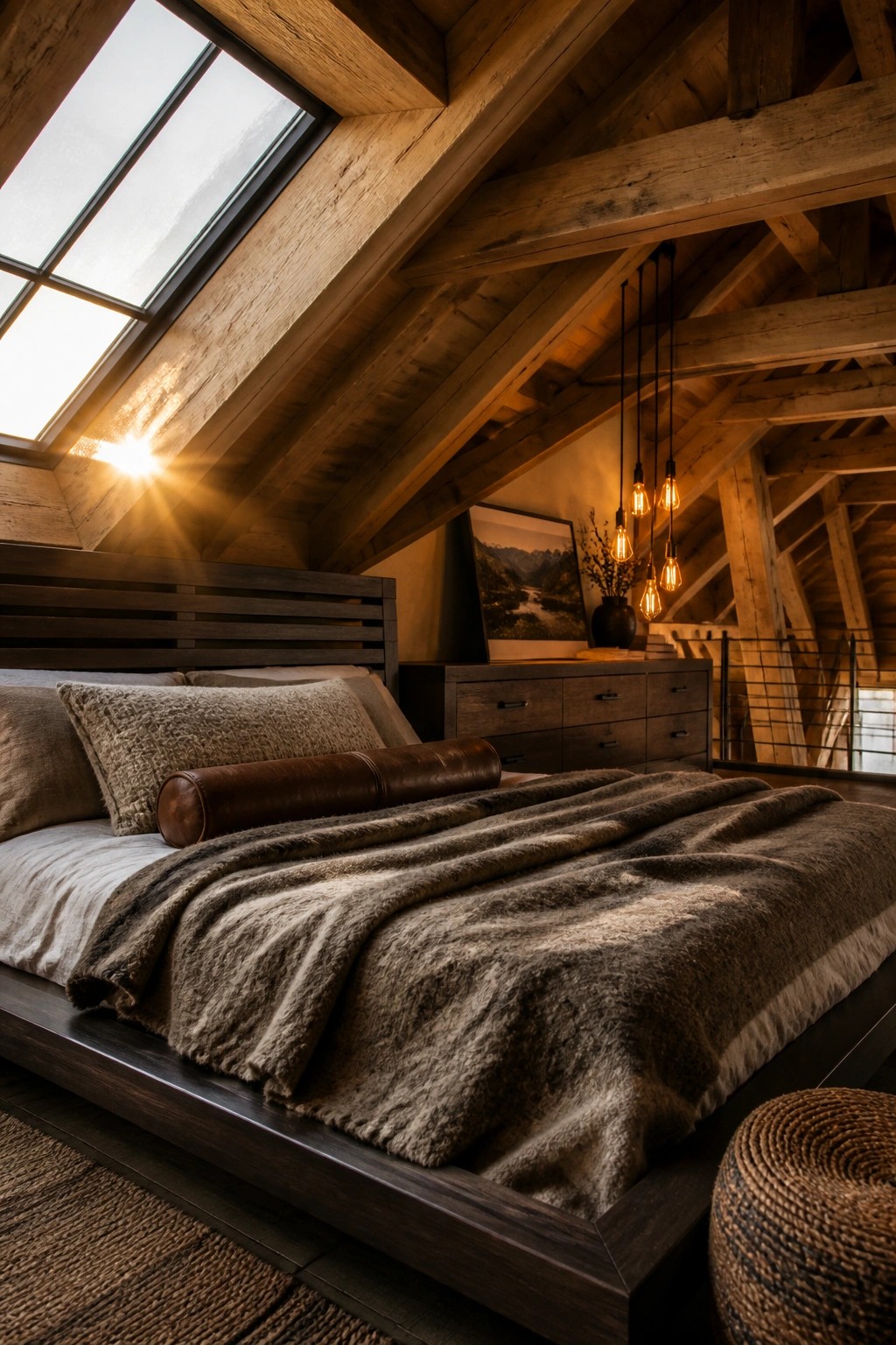 A bedroom with a dark wood bed frame, fur throw, exposed wooden ceiling beams, and a skylight above.