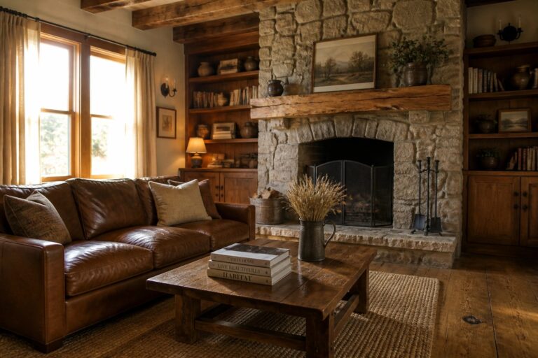 Rustic living room with brown leather sofa, stone fireplace, and wooden coffee table