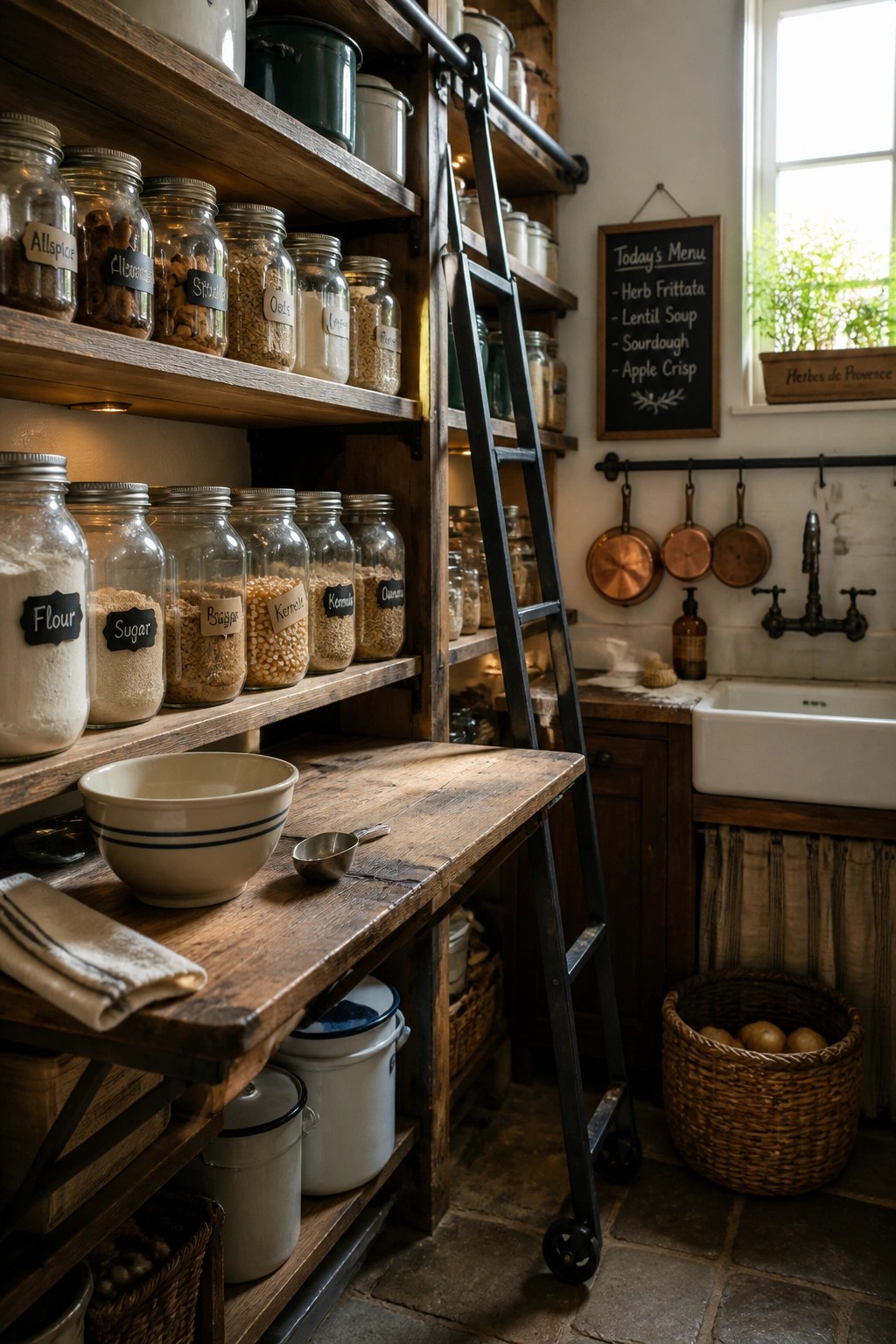 A rustic kitchen interior featuring wooden open shelves stocked with labeled glass jars, a black rolling ladder leaning against the shelves, a wooden work table with a bowl and cloth, and a white farmhouse sink.