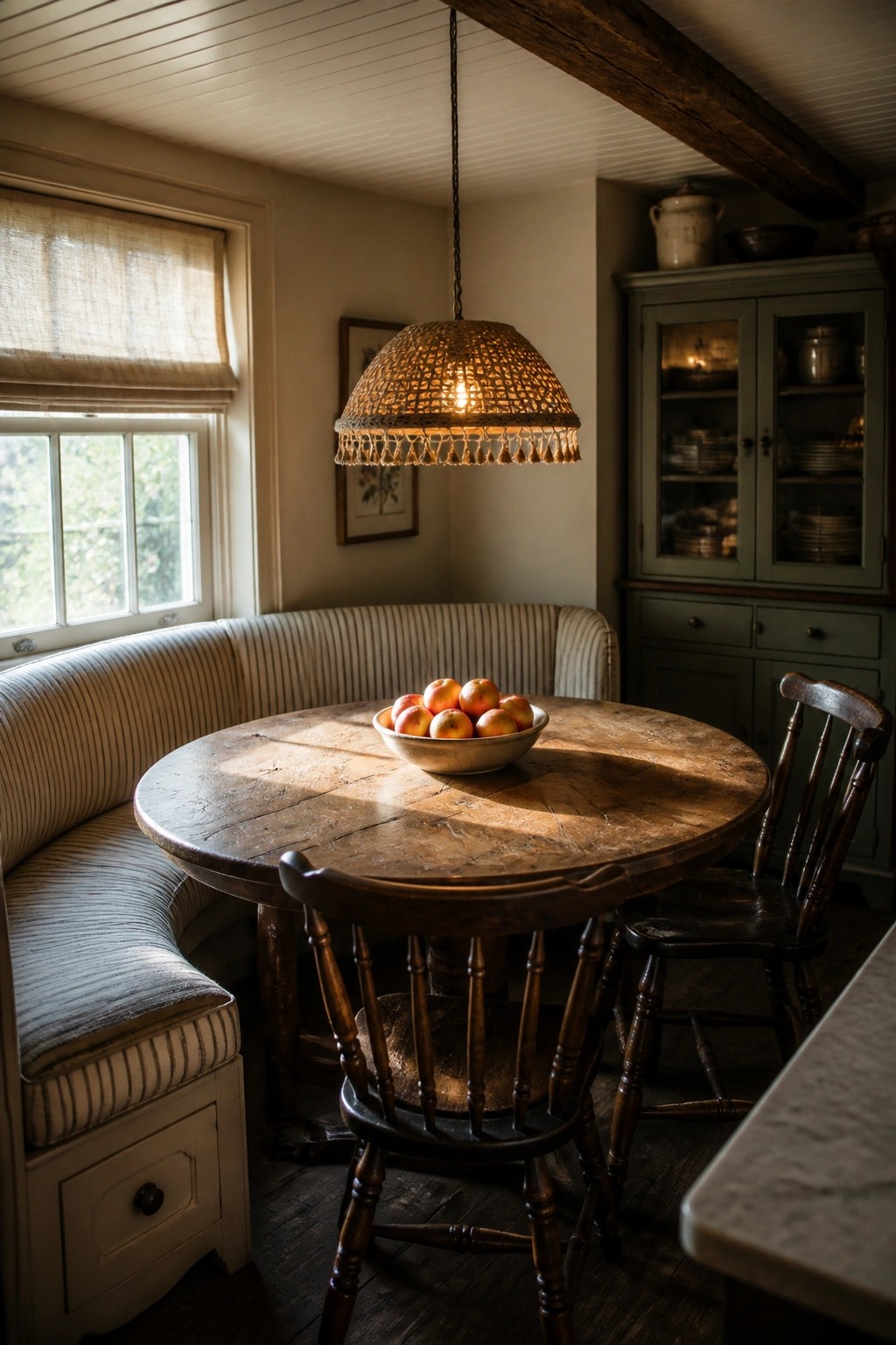 A round wooden dining table with a bowl of apples is surrounded by wooden chairs and a curved upholstered bench in a rustic interior with a woven pendant light.