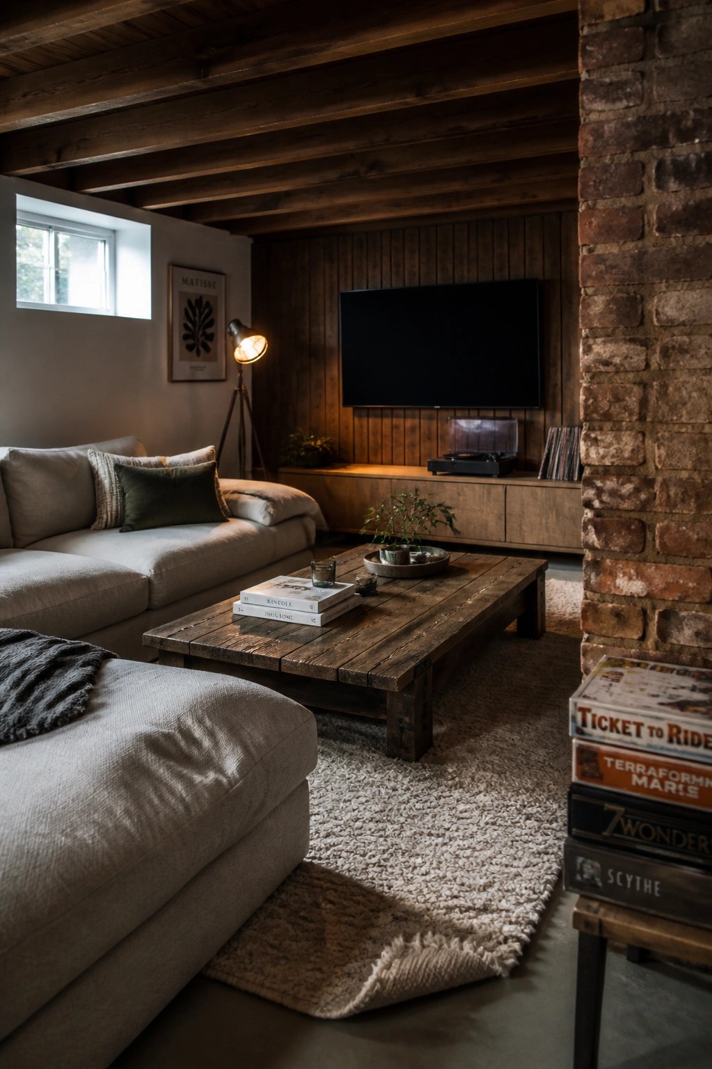 A living room featuring a large rustic wooden coffee table centered on a shaggy rug, with a light gray sectional sofa, wall-mounted TV, and exposed brick wall.