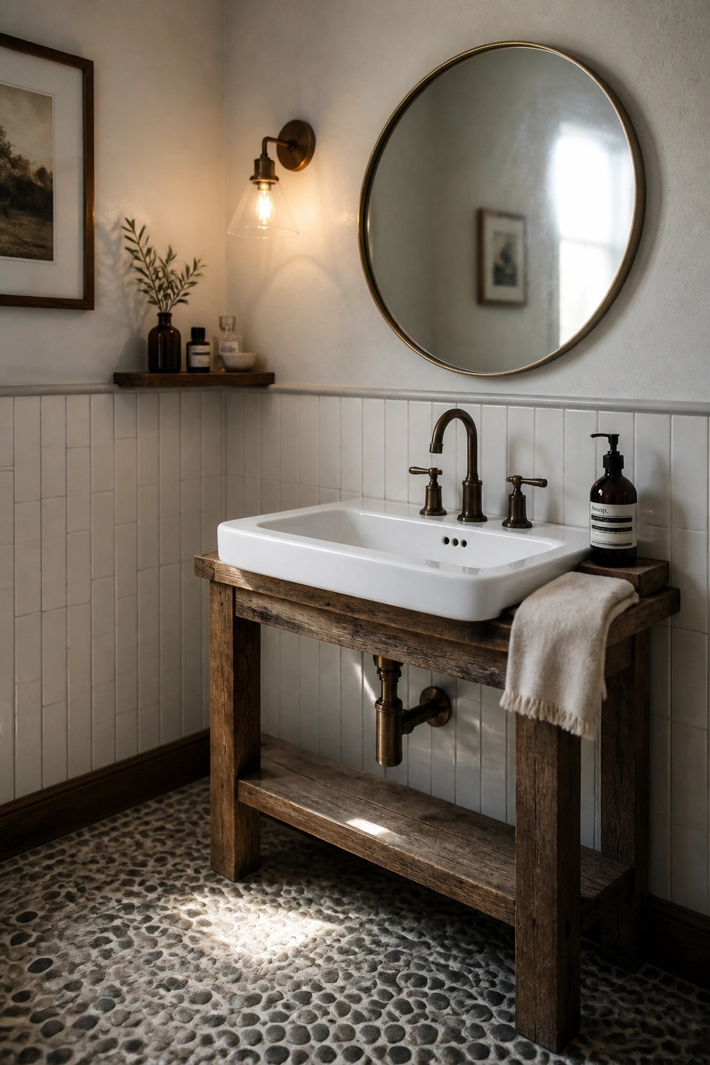 A white rectangular sink sits on a dark rustic wooden console table with a lower shelf in a bathroom featuring white wainscoting and a round mirror on the wall above.