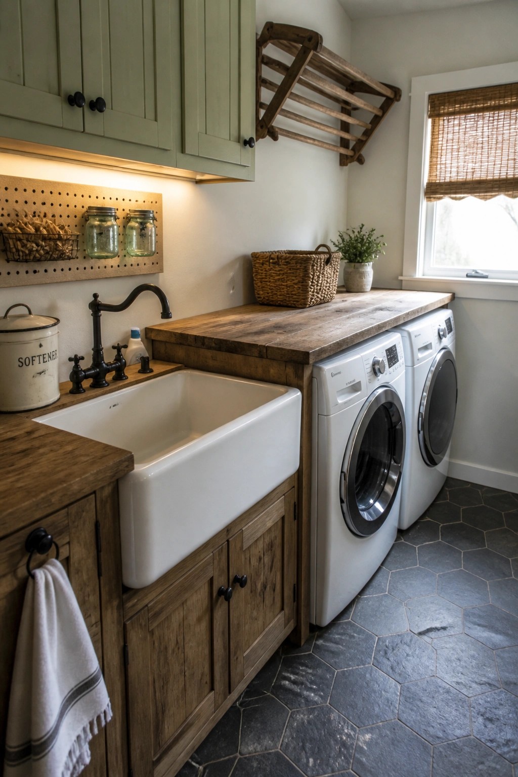 A laundry room featuring a white farmhouse sink set into a rustic wood countertop, wooden lower cabinets, two white front-loading washers, and sage green upper cabinets with a pegboard backsplash.