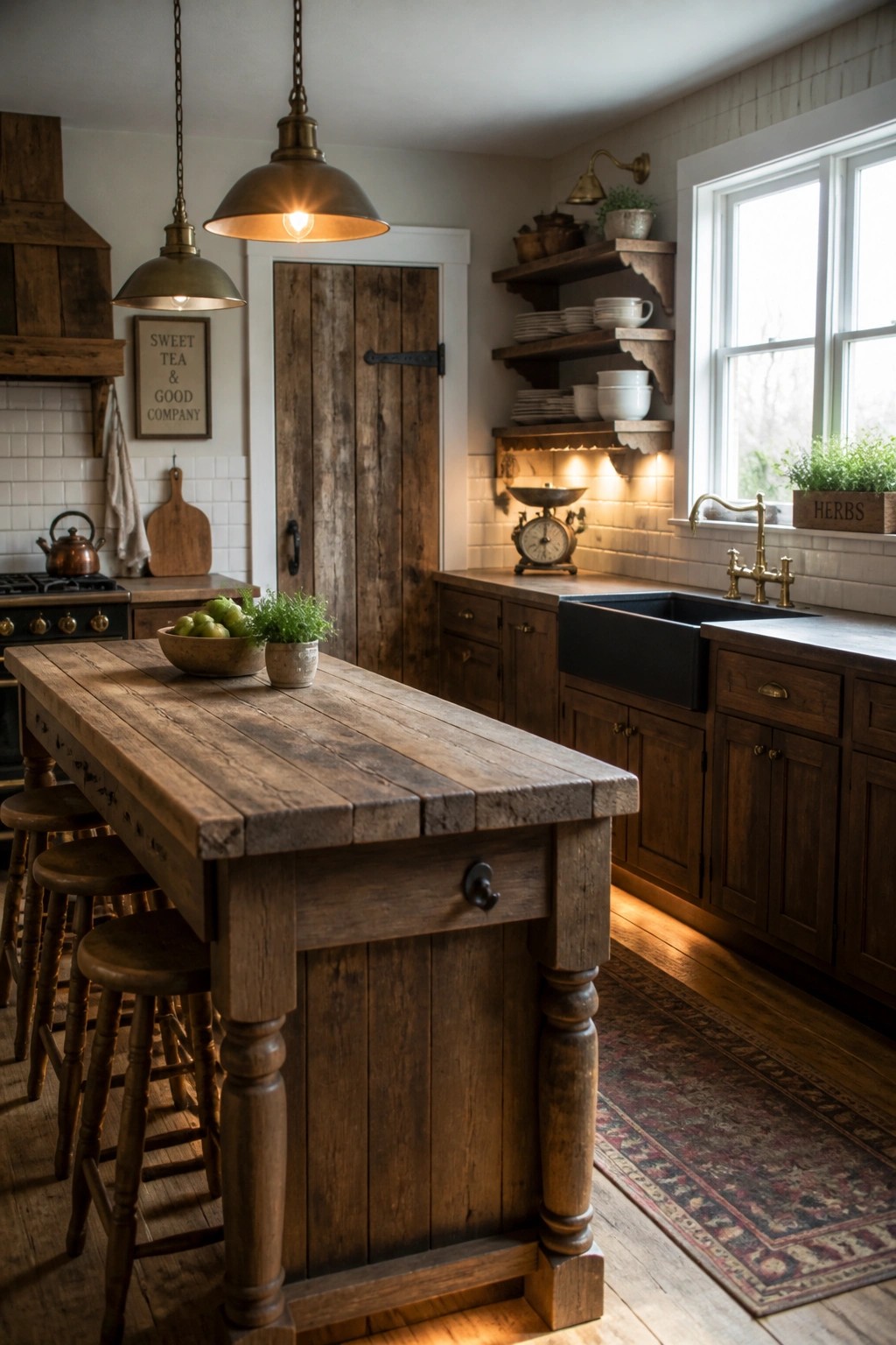A rustic kitchen with a large wooden island, bar stools, dark wood cabinets, black farmhouse sink, and pendant lights.