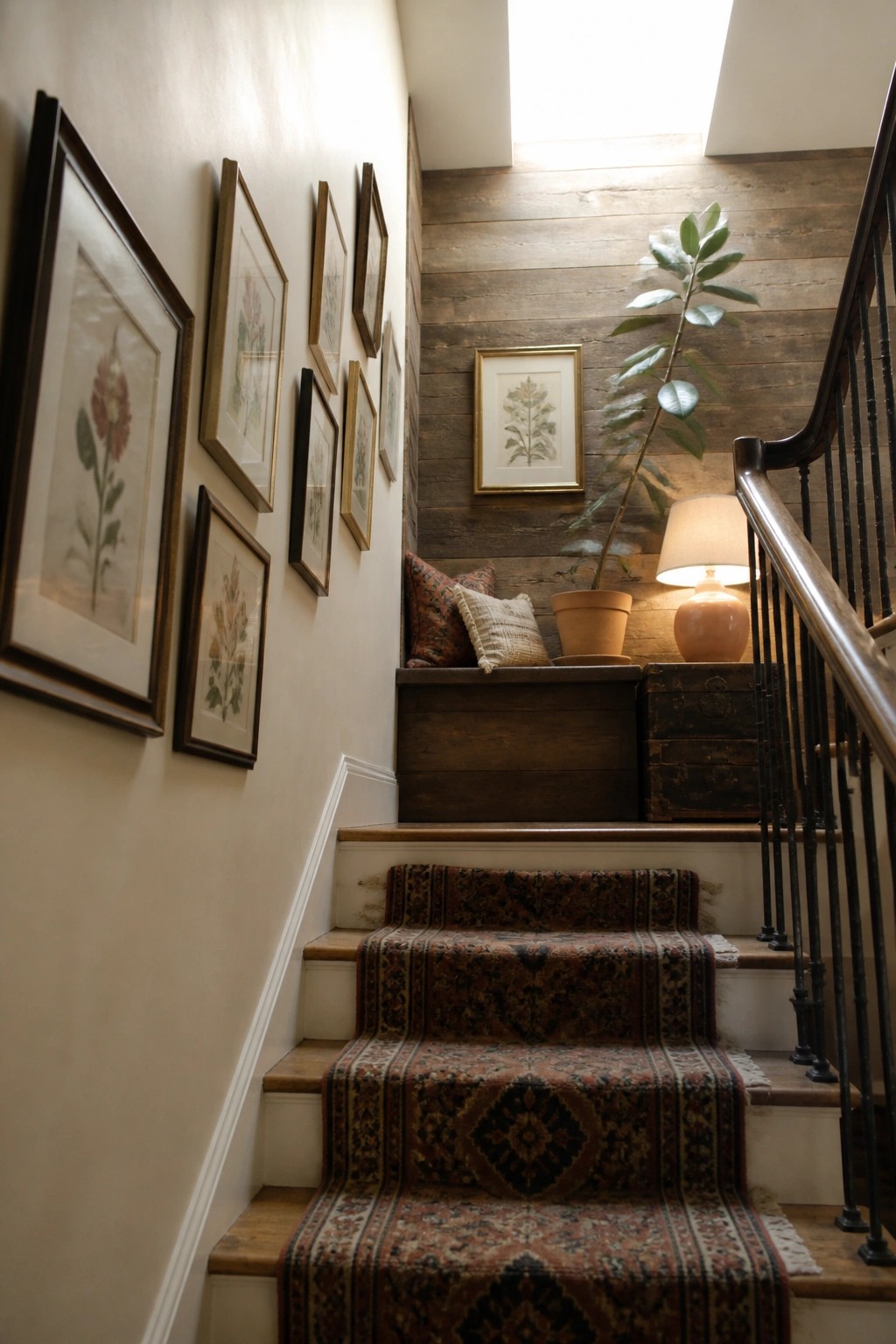 A staircase with a wooden accent wall at the top landing, a built-in wooden bench with pillows, framed botanical prints on the left wall, and a potted plant next to a lit lamp.