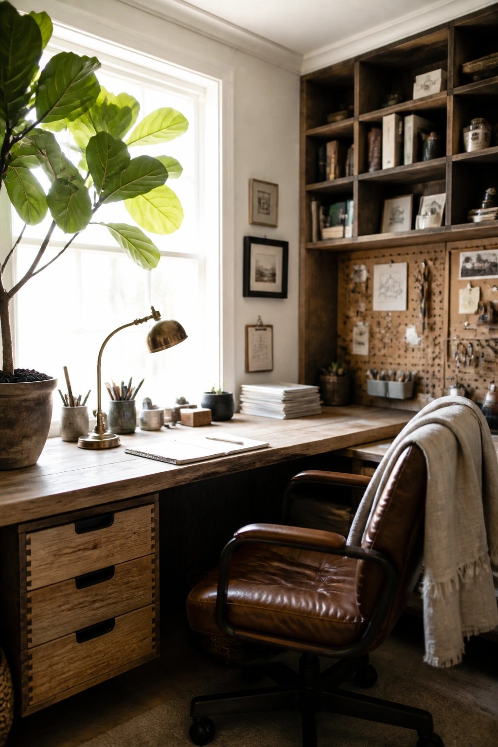 A home office with a large wooden desk, brown leather chair, built-in wooden shelves, and a window with a large potted plant on the left.
