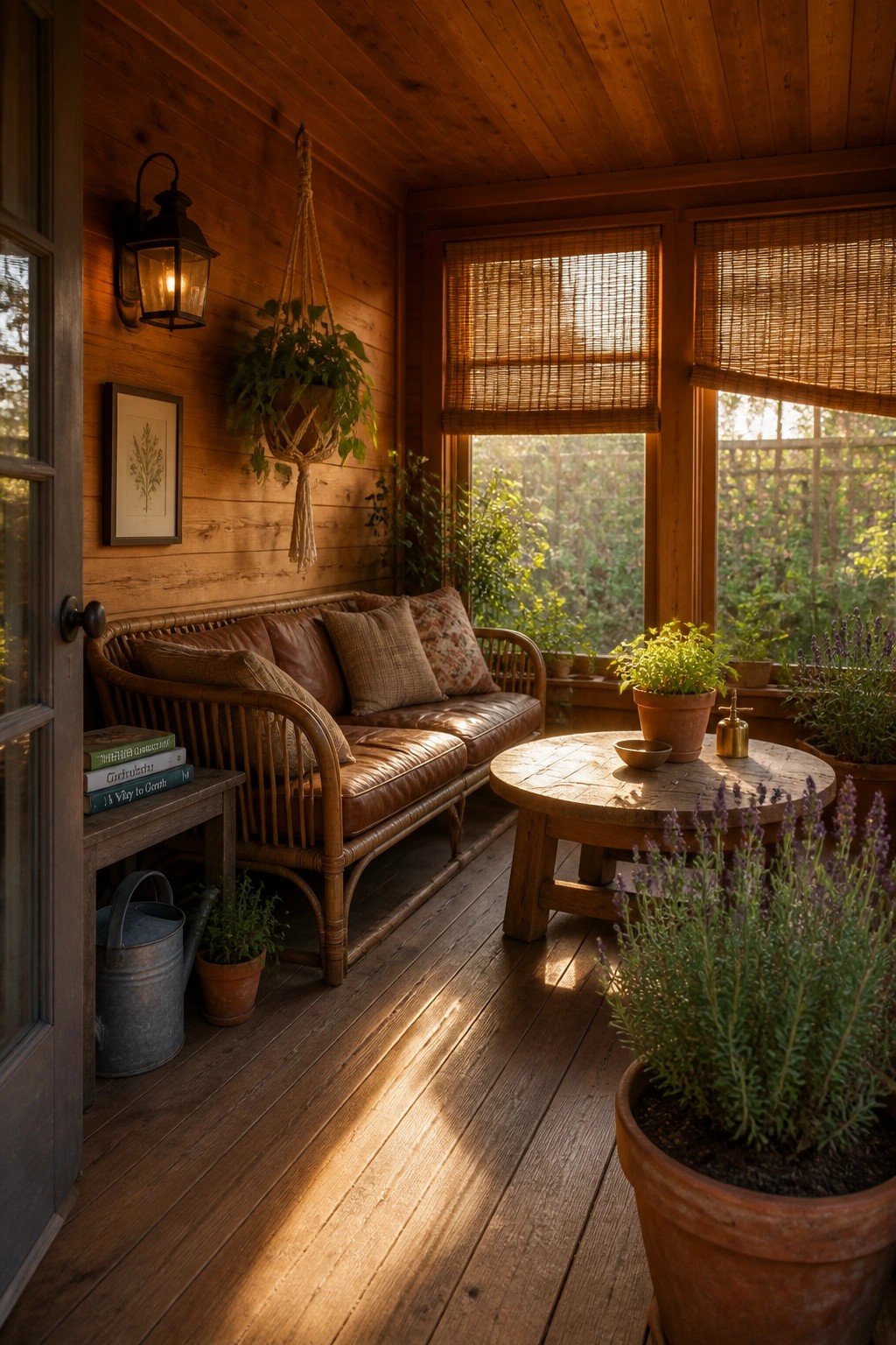 A wooden porch with a brown leather sofa, round wooden table, hanging plant, and several potted plants beside large windows with bamboo blinds.