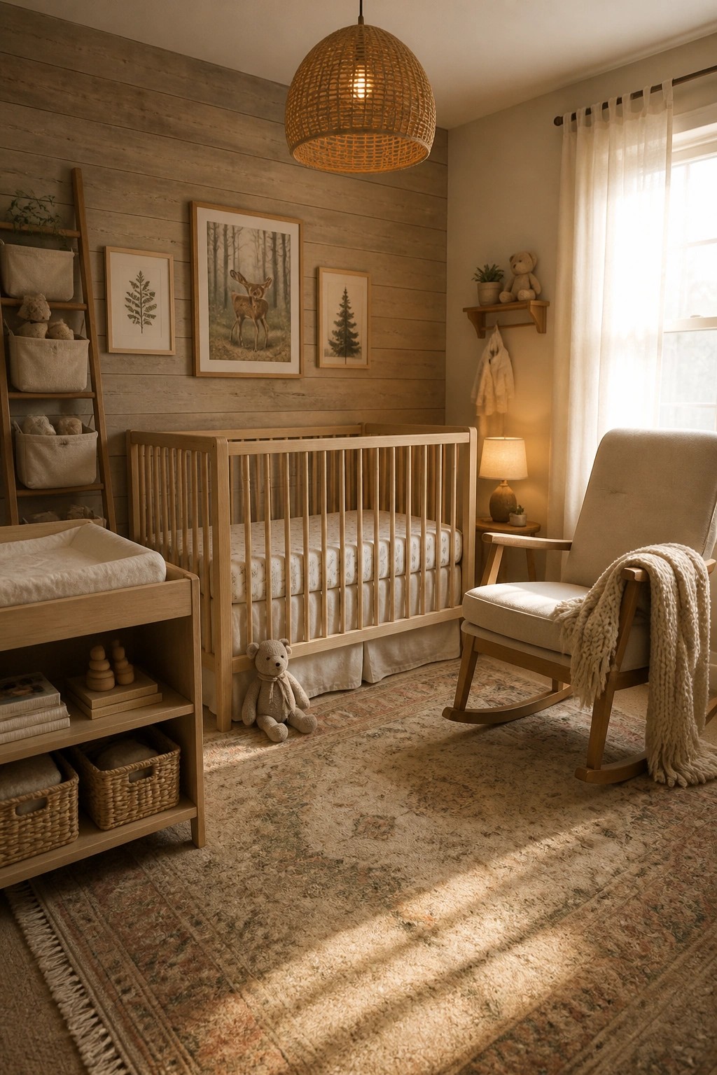 A nursery with light wood panel walls, a wooden crib, rocking chair, changing table, and woven pendant light above a patterned rug.