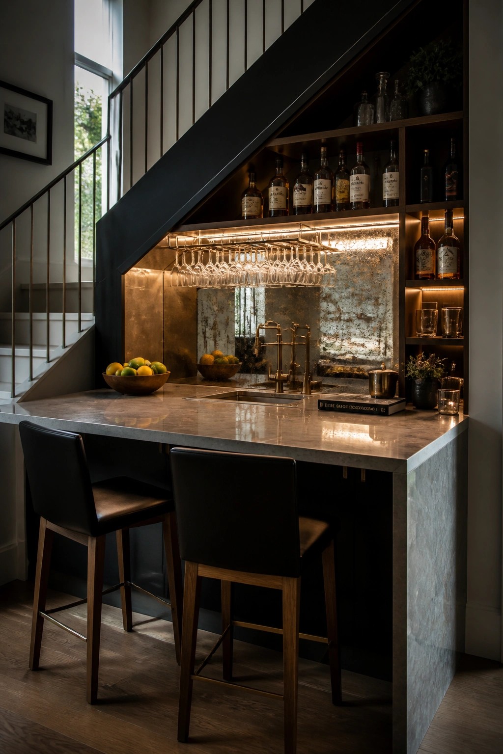 A built-in bar with a stone countertop and wood bar stools sits beneath a black staircase, with backlit shelves holding bottles and hanging glassware.