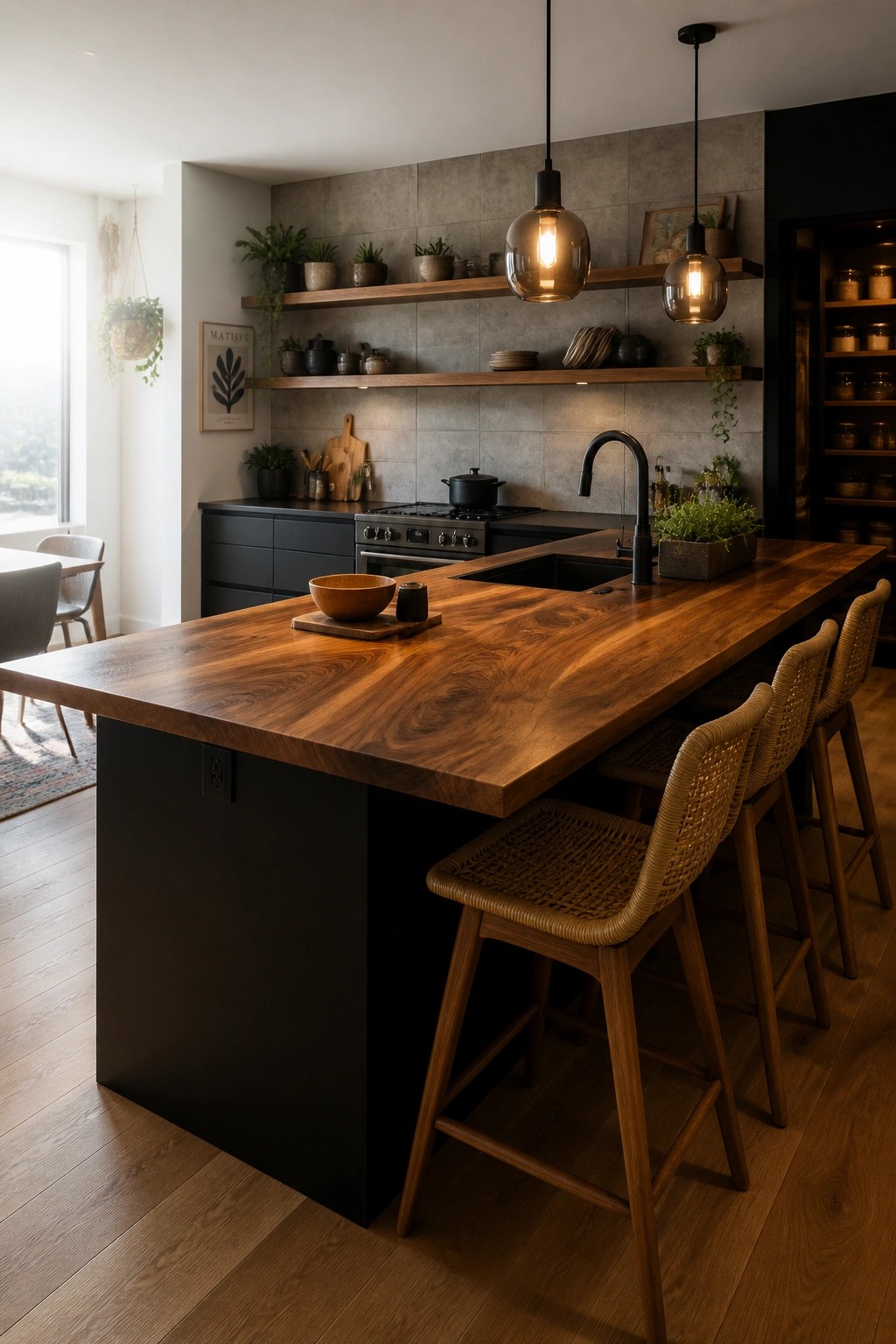A kitchen interior featuring a large wooden island with a black base, woven bar stools along one side, black lower cabinets, and open wooden shelves against a gray tile wall.