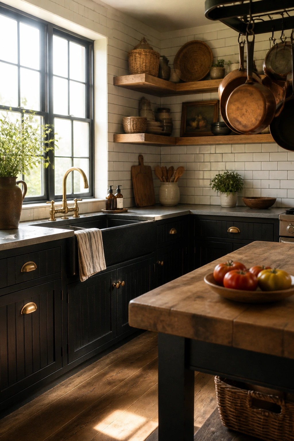 A kitchen interior with black cabinets, wood floating shelves, a black farmhouse sink, brass faucet, and a wooden island holding a bowl of tomatoes.