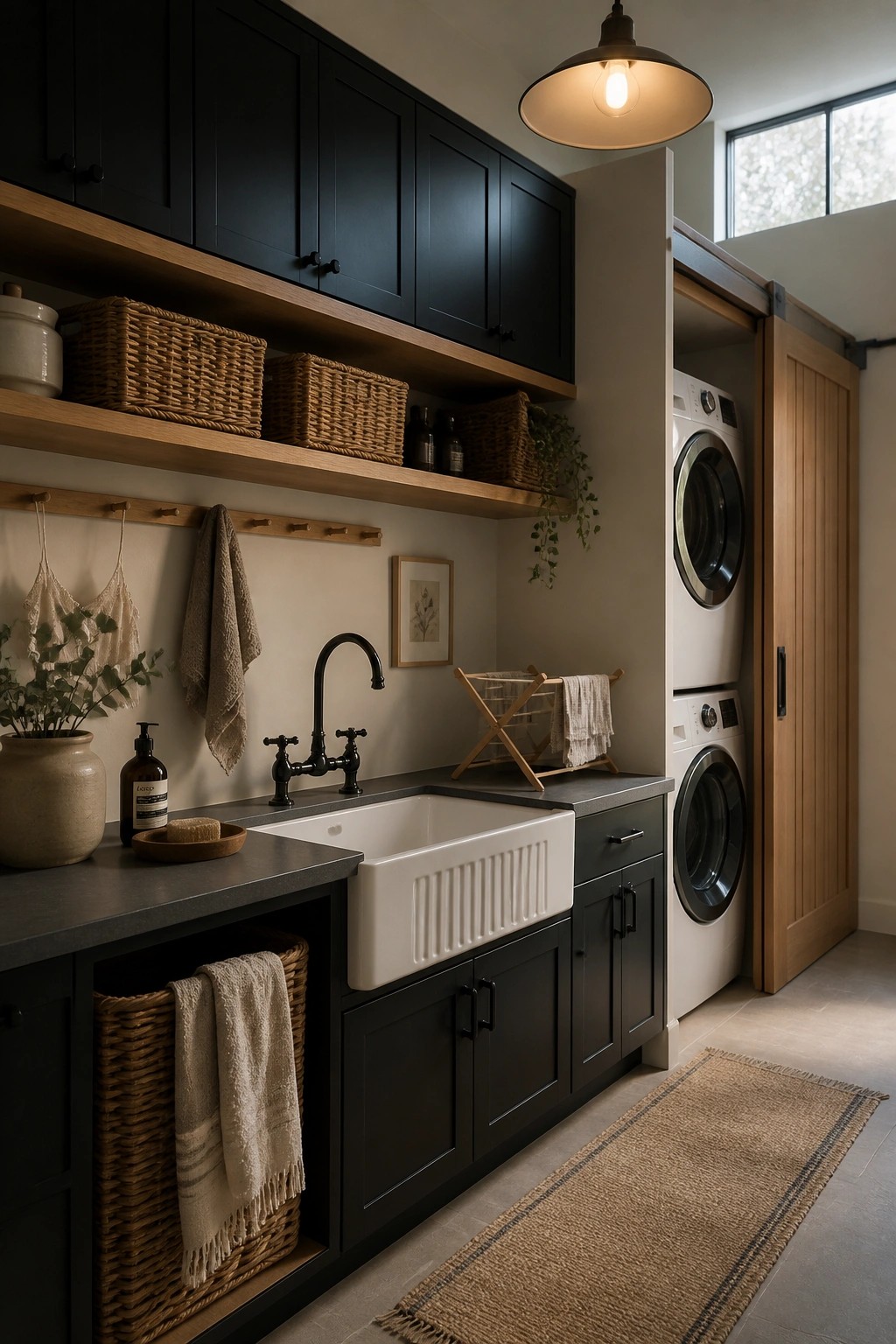 Utility room featuring black lower cabinets, a white farmhouse sink, wooden open shelves holding woven baskets, and a sliding wood door partially covering stacked white washer and dryer units.
