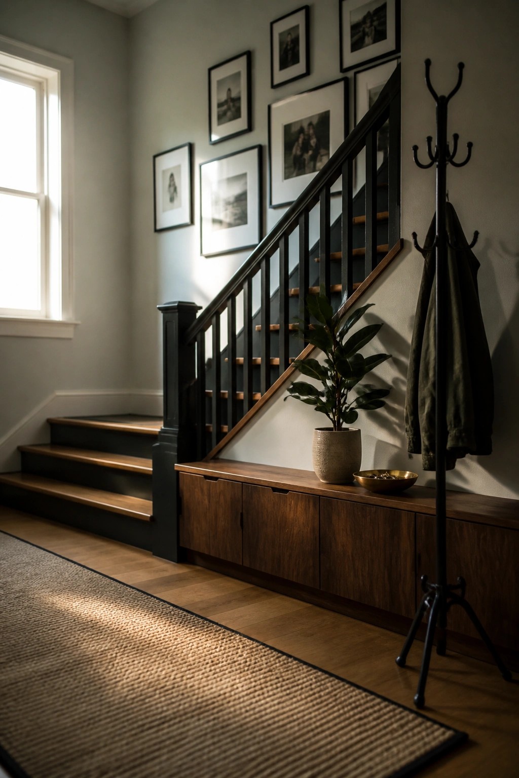 A staircase with black railings and wooden treads, a long wood console below, and a black coat rack holding a jacket to the right.