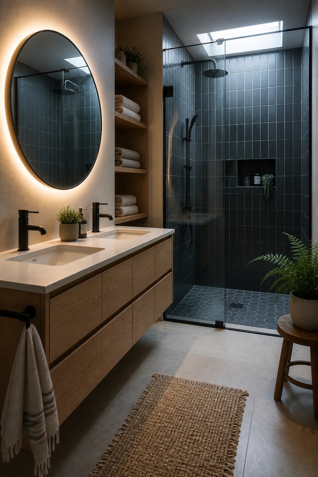 A modern bathroom with a floating wood vanity, white countertop, round backlit mirror, black fixtures, and a black tiled walk-in shower.