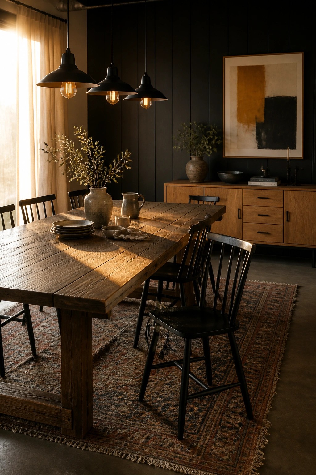 A dining room featuring a large wooden table with black spindle chairs, three black pendant lights, and a dark wall with a wooden sideboard and abstract artwork.