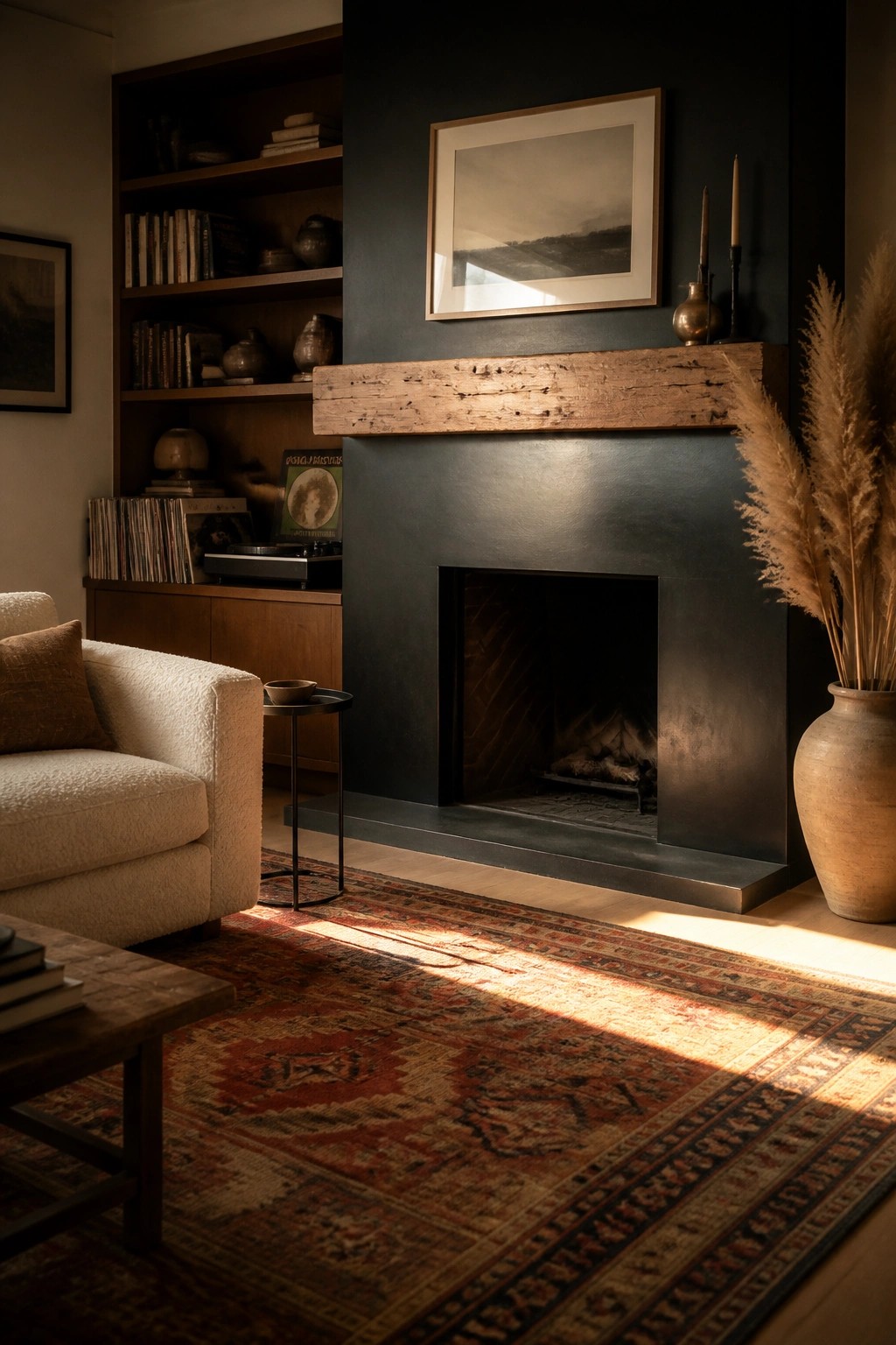 A living room with a black fireplace wall, wooden mantel, built-in wood shelves, white sofa, and patterned rug.