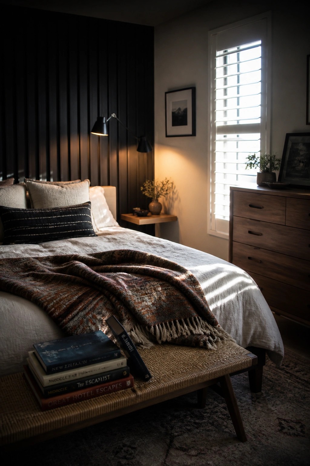 A bedroom featuring a black vertical wood-paneled accent wall behind a bed with white linens and a patterned throw, a wooden dresser, a woven bench with stacked books, and a window with white blinds allowing sunlight in.