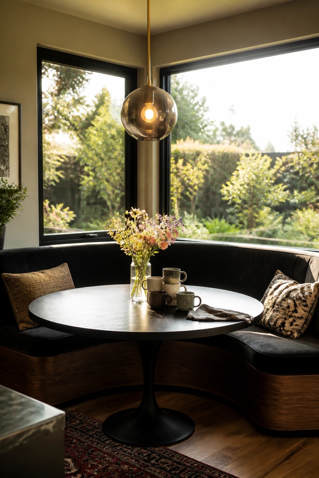 A round dark wood dining table with a curved black upholstered banquette sits in front of large windows, holding a glass vase of flowers and several ceramic mugs.