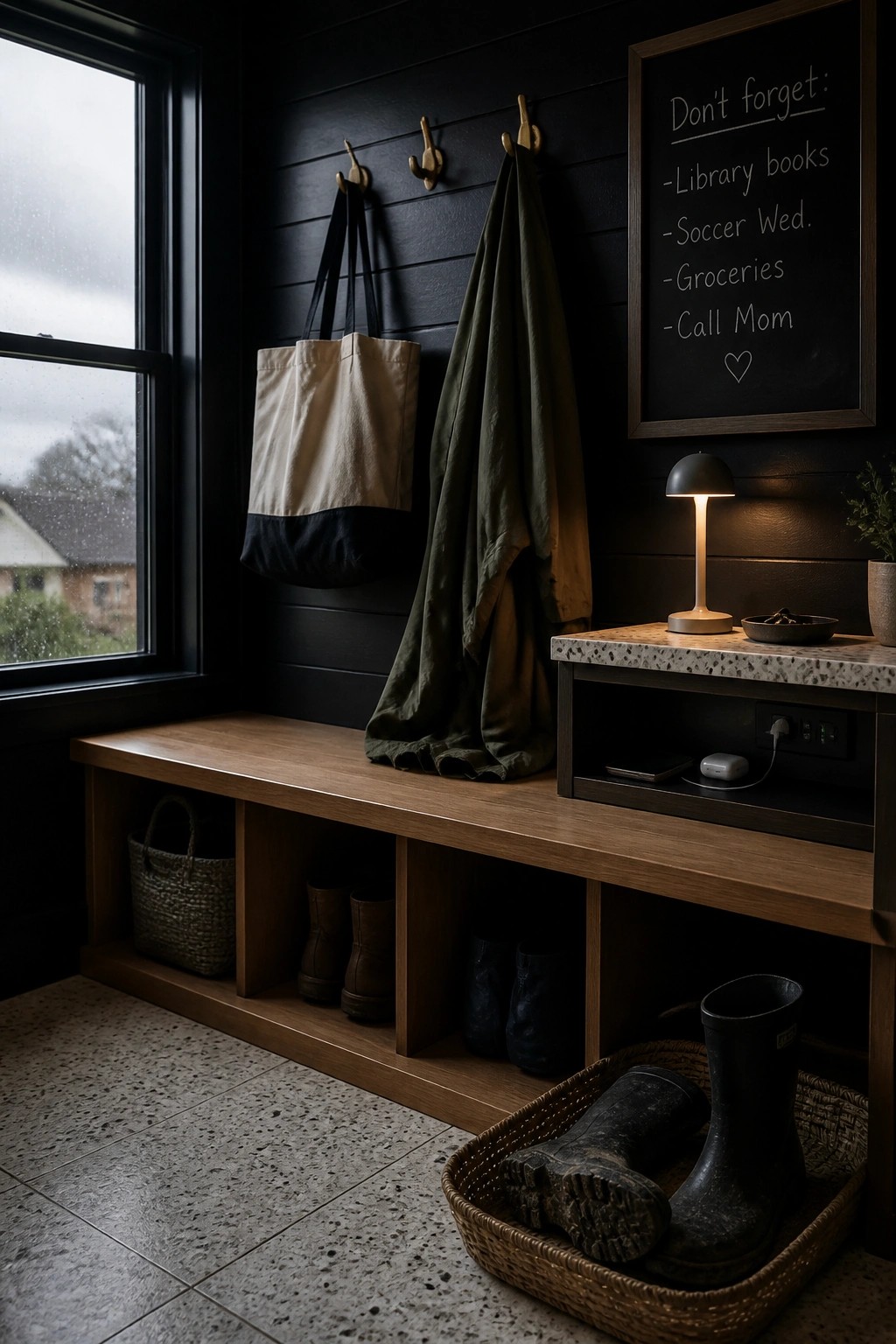A wooden bench with open storage cubbies sits against black walls with hooks holding bags and a coat, next to a chalkboard and small side table.