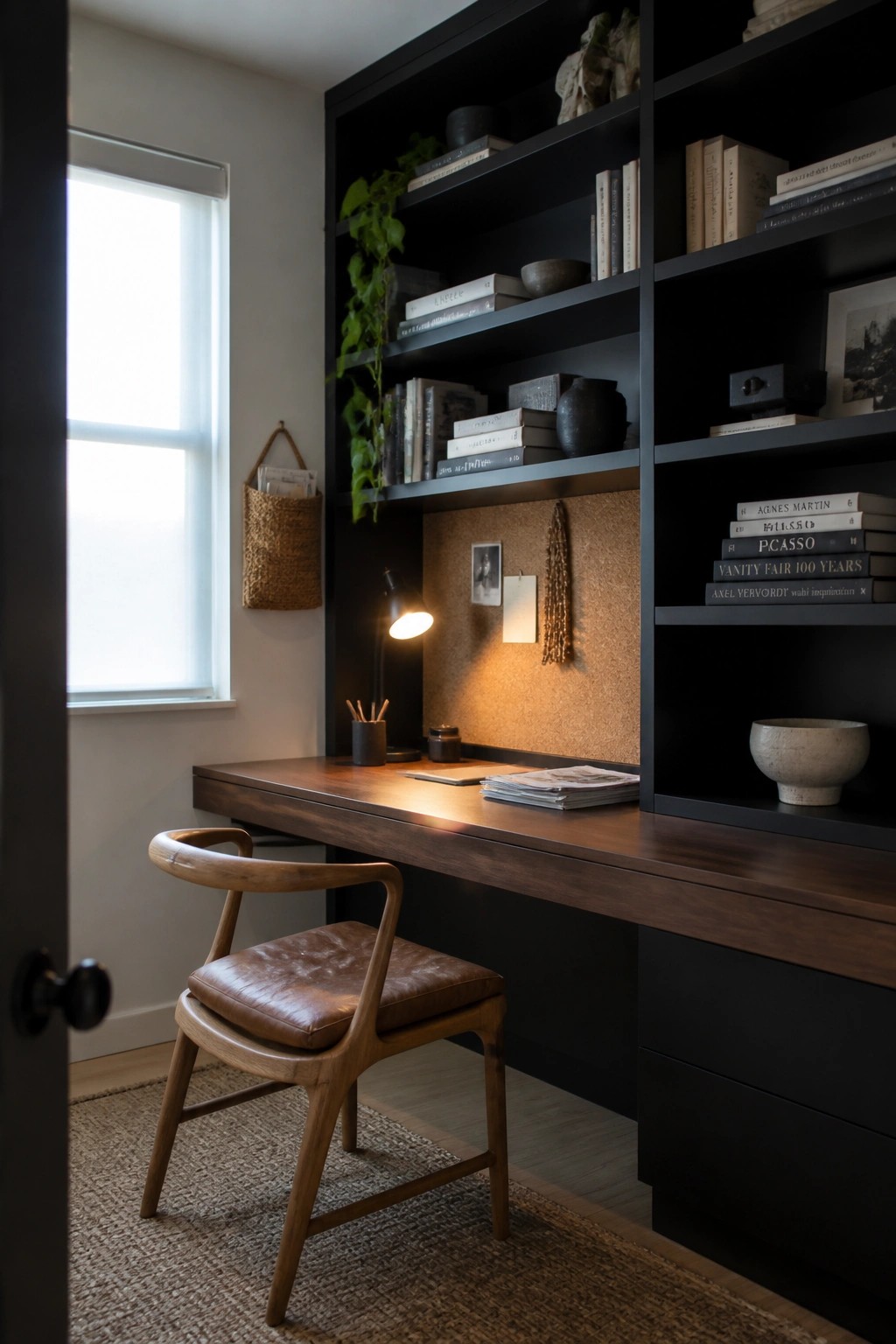 Wooden desk with brown leather chair under lit lamp against black bookshelves