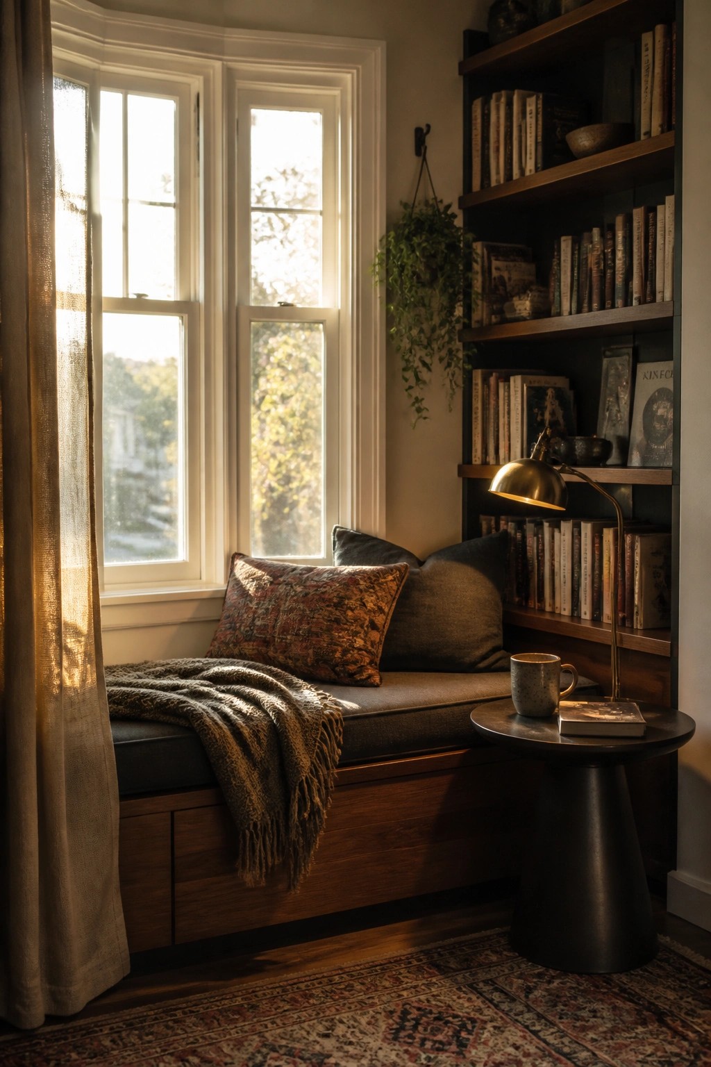 A window seat with dark cushions and a patterned pillow sits beneath a white multi-paned window, next to tall dark wood bookshelves holding books and a brass lamp on a small round table.