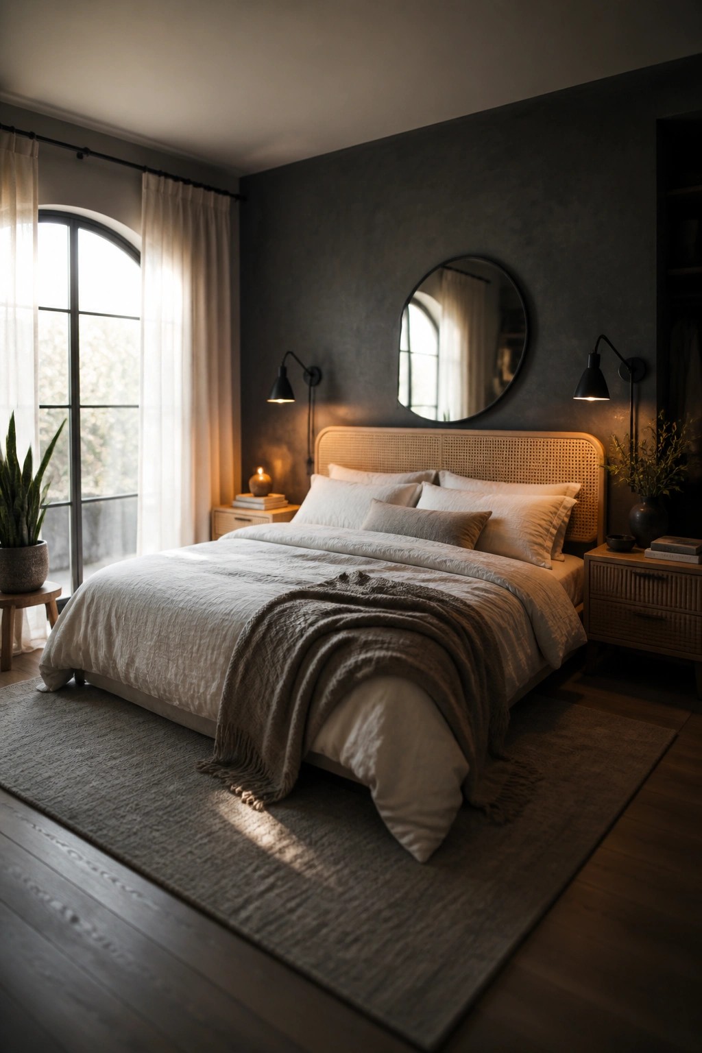 A bedroom featuring a bed with light linens and a woven headboard against a dark textured accent wall, with black wall sconces and a round mirror above the bed.