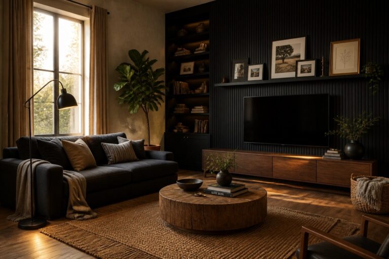 22 Chic Black and Wood Interior Design Ideas That Feel Bold Yet Warm A living room with black vertical paneling on the wall behind a flat screen TV, a long wooden media console, a round wooden coffee table on a woven rug, and a dark sectional sofa near a large window.