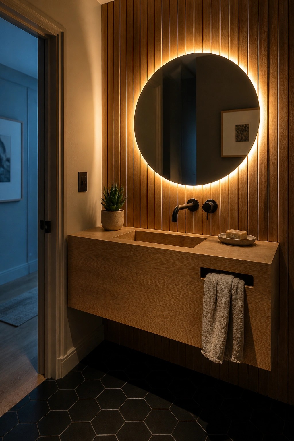 A modern bathroom with a floating wooden vanity, black hexagonal floor tiles, and a round backlit mirror on a vertical wood wall.
