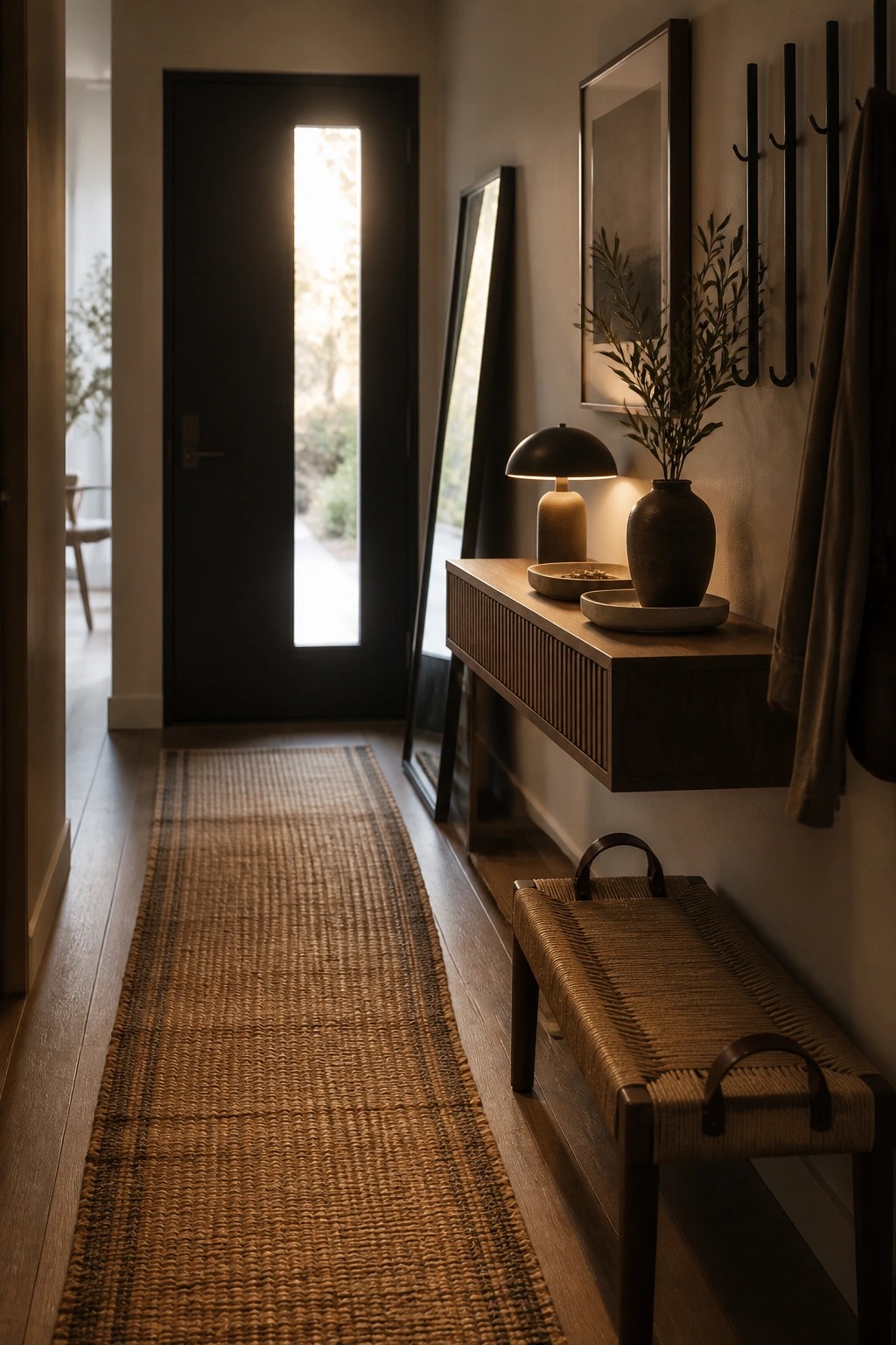 A narrow interior hallway with a black front door at the end, a floating wooden console holding a lamp and vase, a woven bench underneath, and a long runner on dark wood flooring.