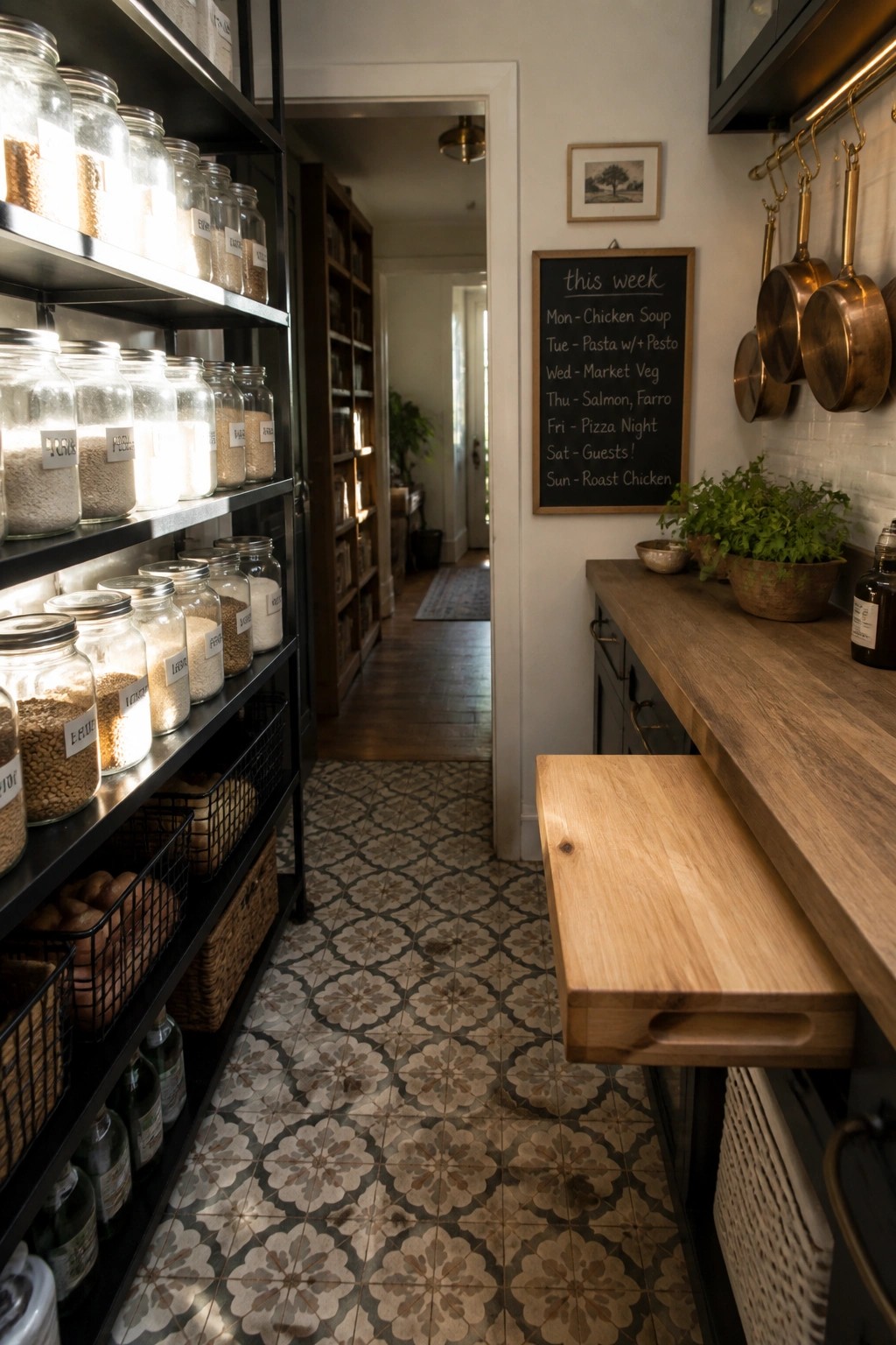 Narrow pantry with labeled glass jars on shelves, chalkboard menu, wooden counter, and patterned tiles
