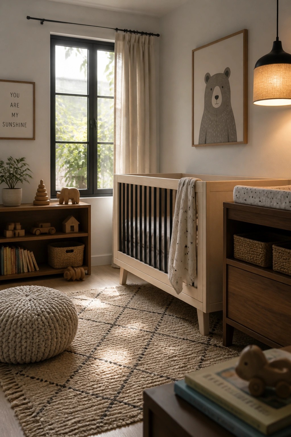 A light wood crib and matching dresser sit in a bright nursery with black window frames, a black pendant light, a woven rug, and wooden toys on open shelves.