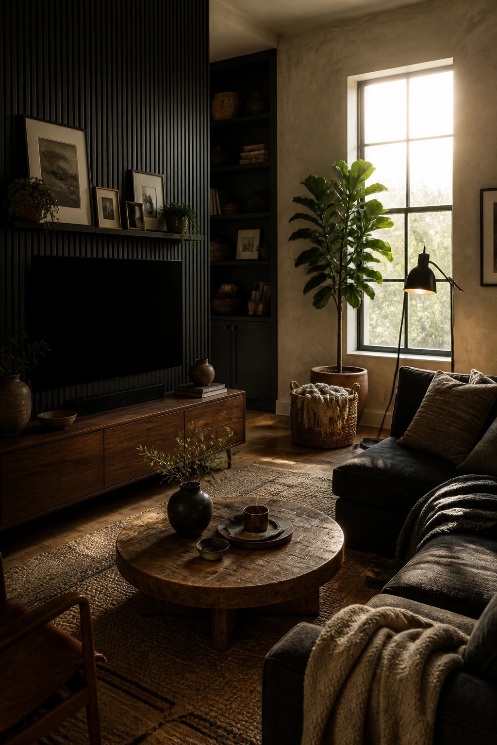 A living room with black vertical paneling on the wall behind a flat screen TV, a long wooden media console, a round wooden coffee table on a woven rug, and a dark sectional sofa near a large window.