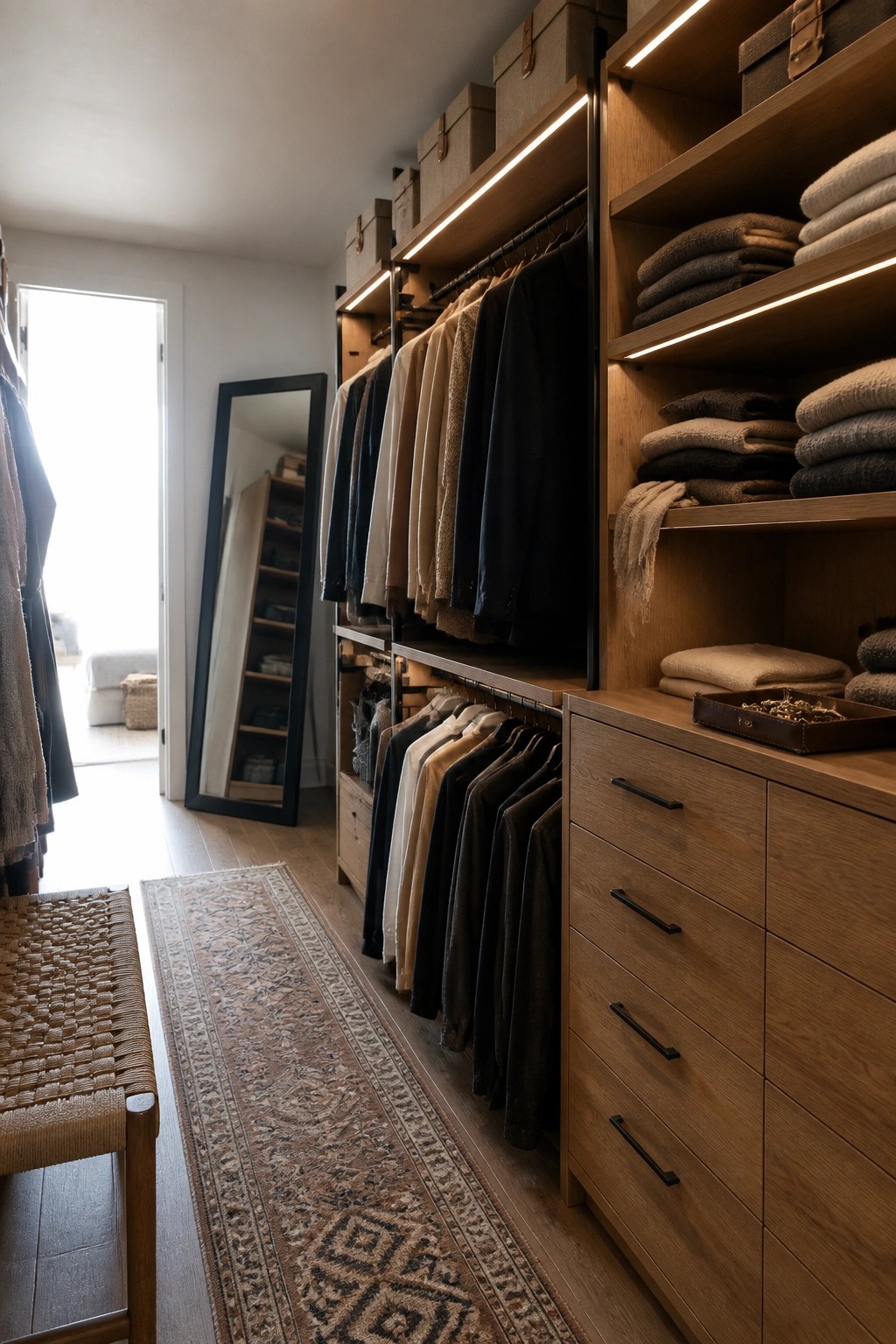 Organized wooden closet with hanging clothes, folded linens, dresser, runner rug, and mirror.