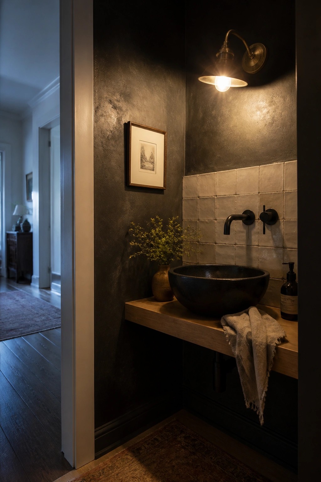 A powder room with dark textured walls, a black vessel sink on a wooden countertop, and a wall sconce above the sink.
