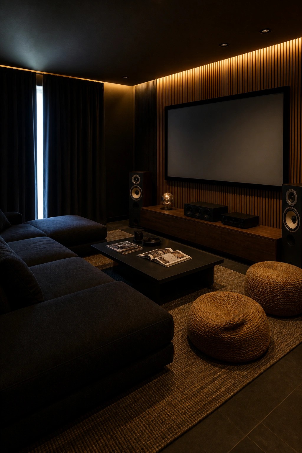 A dimly lit living room featuring a black sectional sofa, a dark coffee table with open magazines, a large wall-mounted television above a wooden console, and vertical wood slats illuminated from behind.