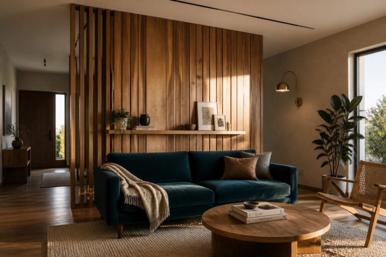 21 Chic Vertical Wood Slat Wall Ideas for Open Concept Spaces Modern living room with teal velvet sofa, round wood table, and slatted wall.