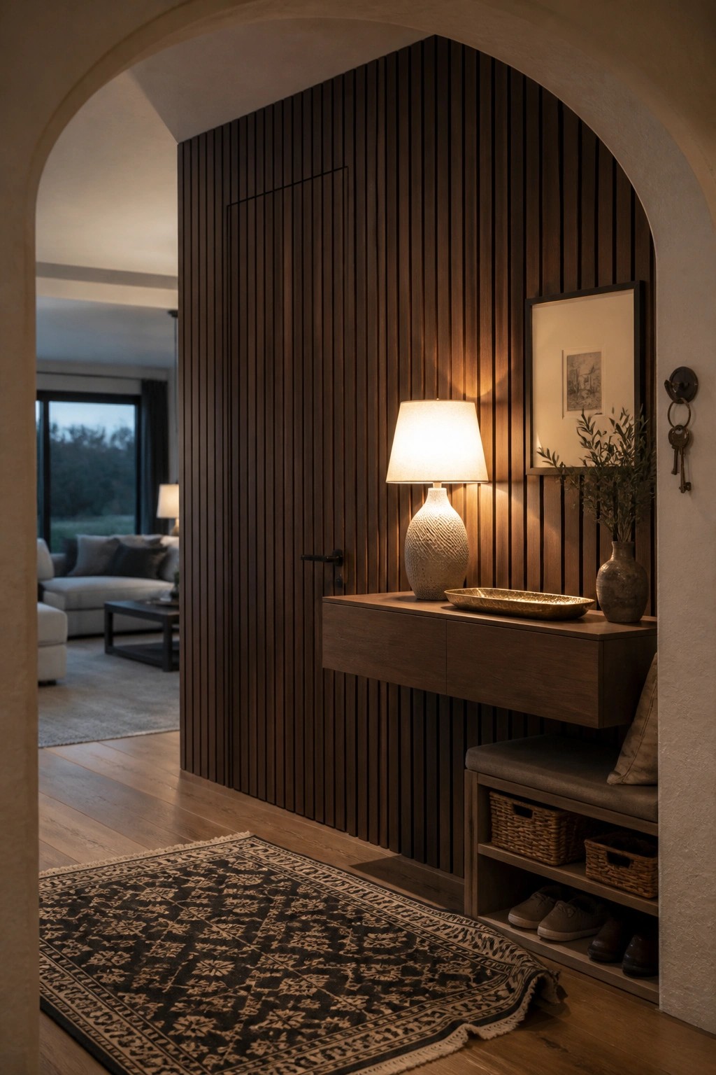 An interior entry area with a vertical wood slat wall containing a door, a floating wooden console with a lit lamp, a built-in bench with baskets below, and a view into an adjacent living room.