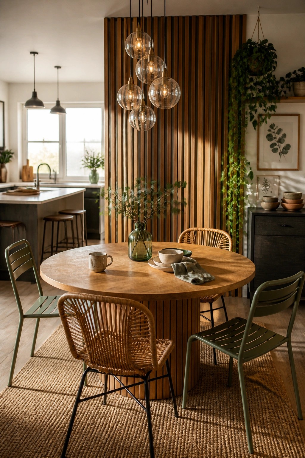 Interior view of a dining space with a round wooden table on a woven rug, surrounded by mixed chairs, and a prominent vertical wood slat wall in the background with hanging glass pendant lights.