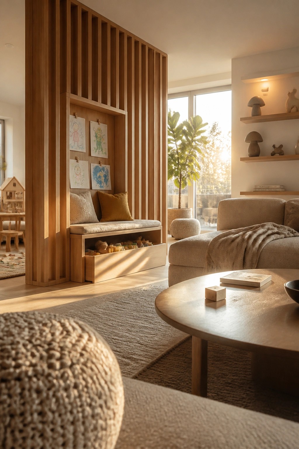 A living room with vertical wood slats framing a recessed bench that includes cushions, storage drawers, and pinned children's drawings.