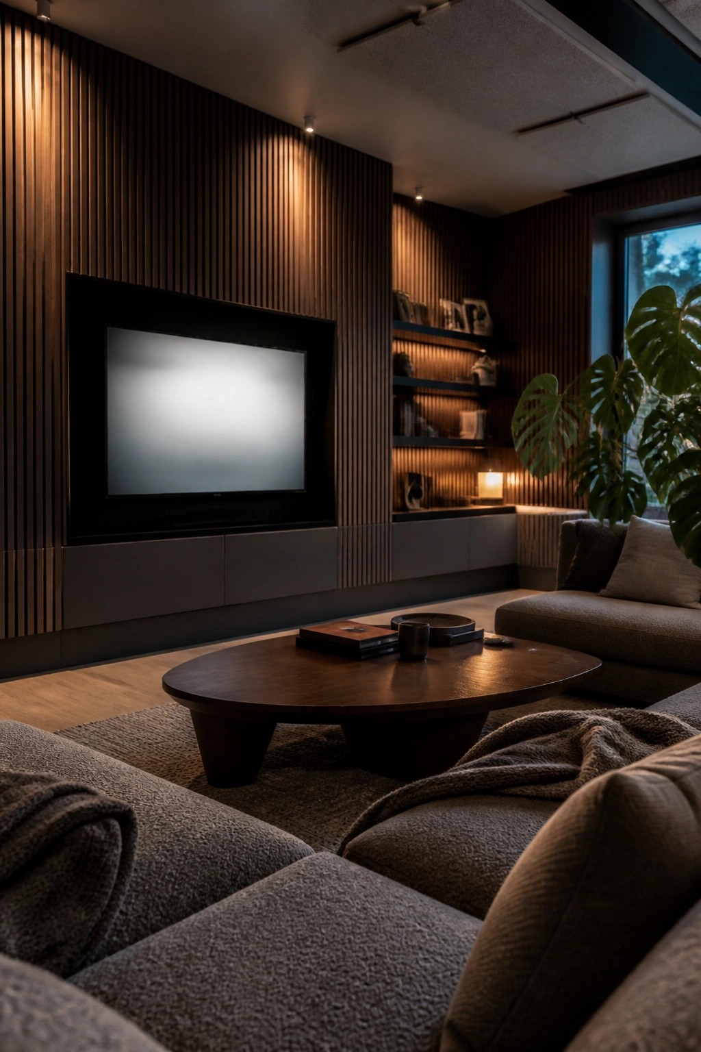 A living room with a television mounted on a vertical wood slat wall, a round wooden coffee table, and a gray sectional sofa in front.