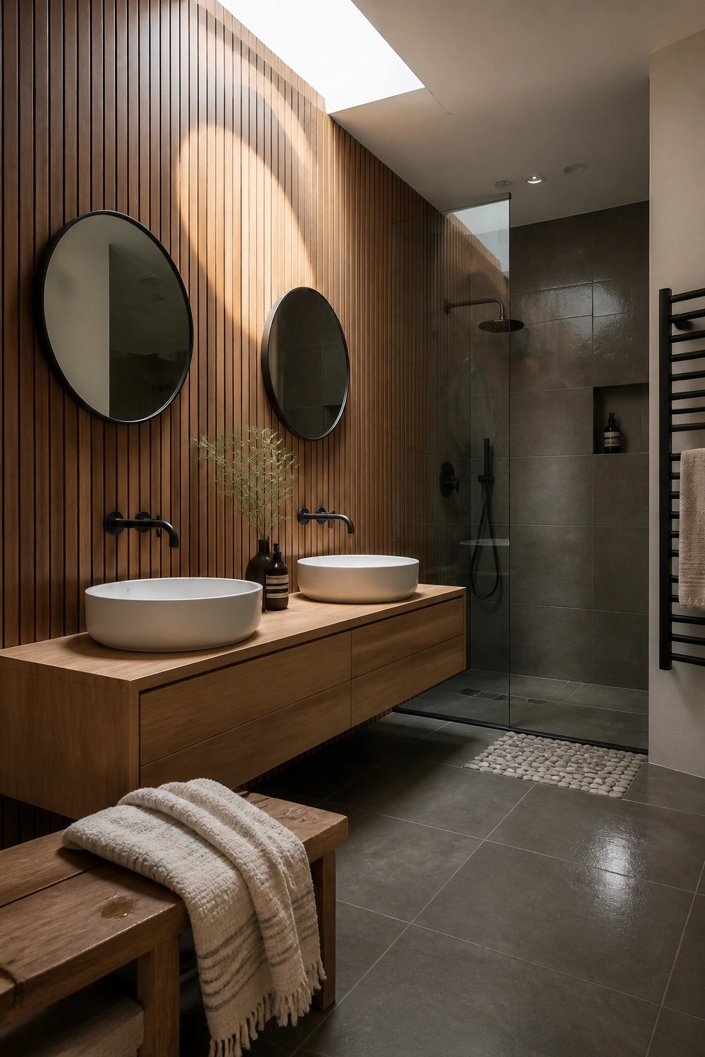 A bathroom interior with a vertical wood slat accent wall behind two white vessel sinks and round mirrors, next to a glass shower enclosure.