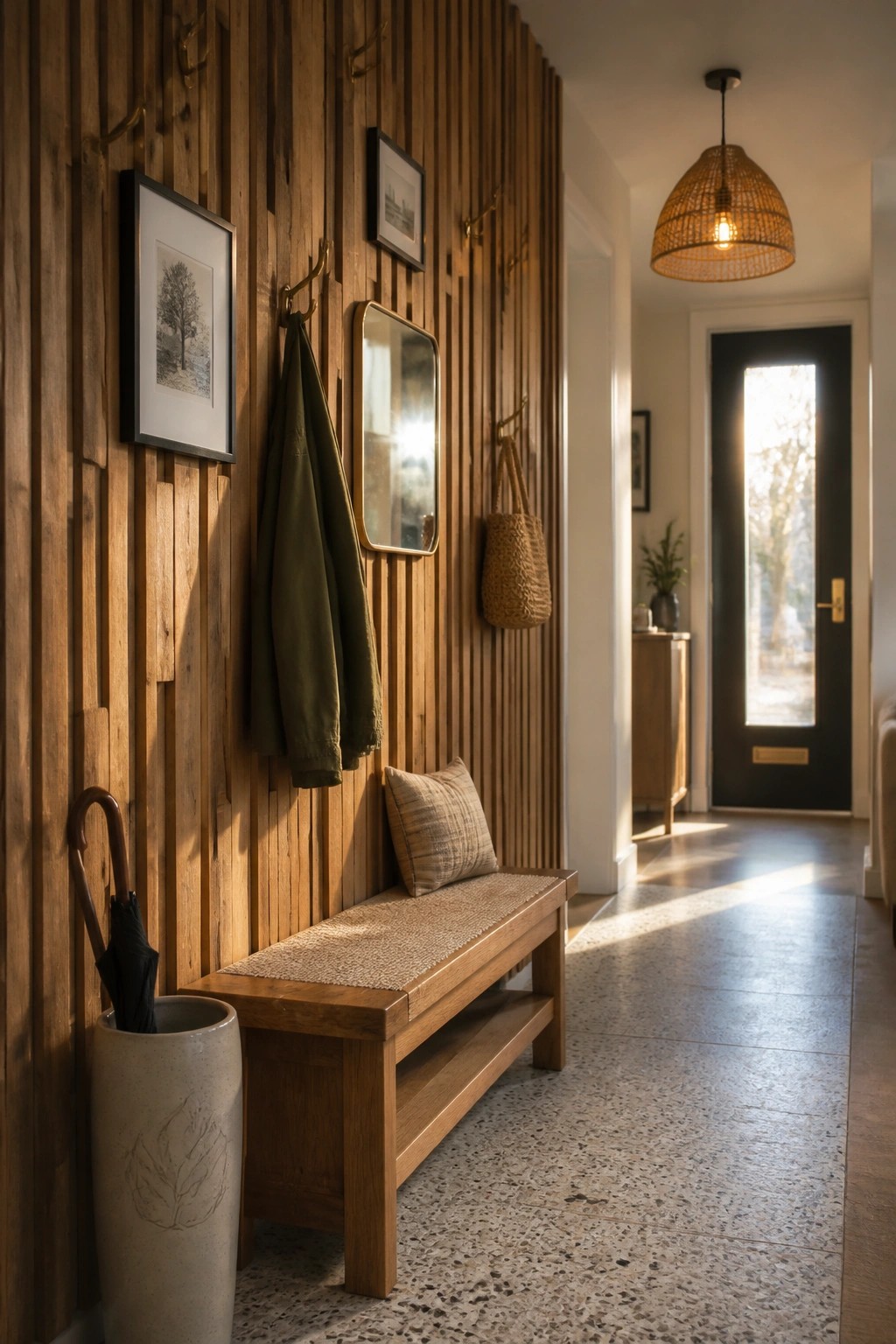 A hallway features a vertical wood slat wall with hooks holding a coat and bag, a bench with a pillow, framed art, a small mirror, an umbrella stand, and a woven pendant light near a black front door.