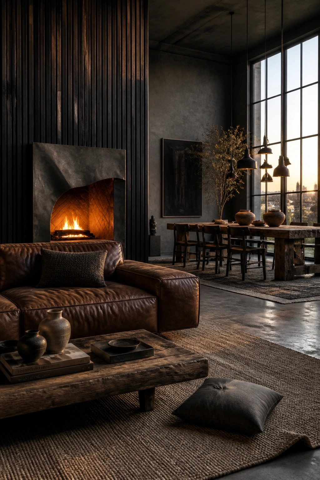An open living room featuring a dark leather sofa facing a fireplace set into a wall of vertical wood slats, with a wooden dining table and large windows visible in the background.