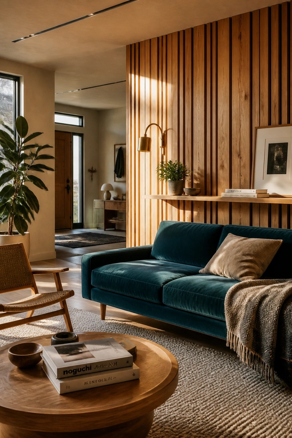 Modern living room with teal velvet sofa, round wood table, and slatted wall.